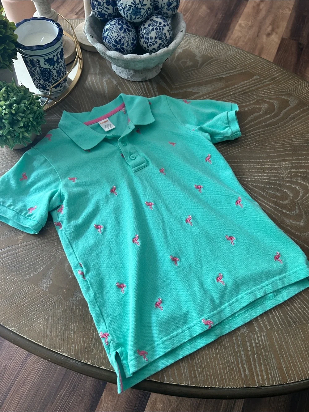 Boys Gymboree Mint Green Poo Golf Shirt Pink Tropical Flamingo Embroidery